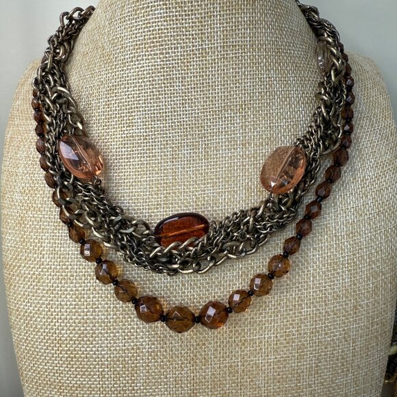 Multi-Strand Bronze Chain & Amber Beaded Statement Necklace By Talbots - Picture 2 of 9